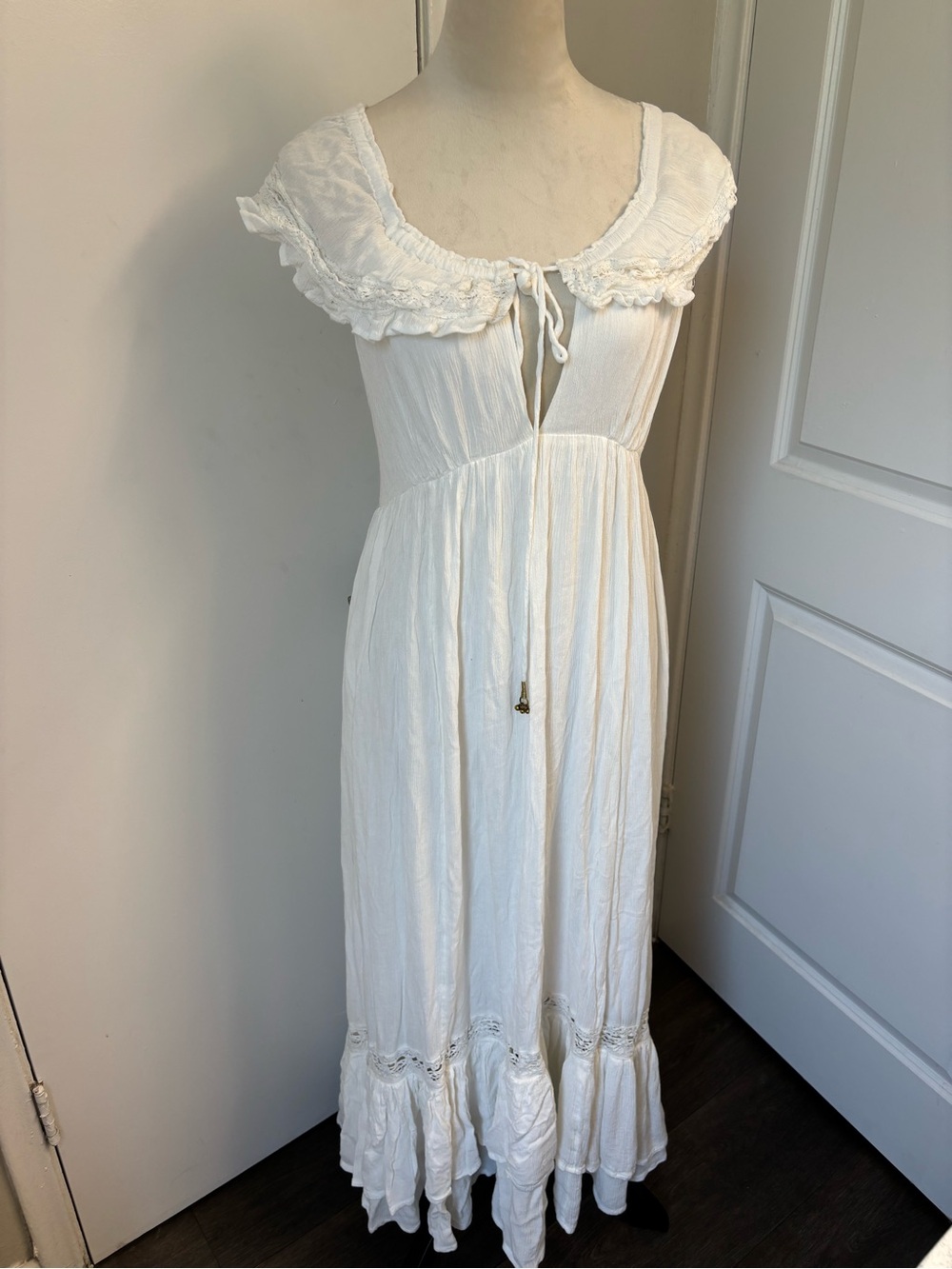 Free People White Bohemian Maxi Dress with Ruffle Collar